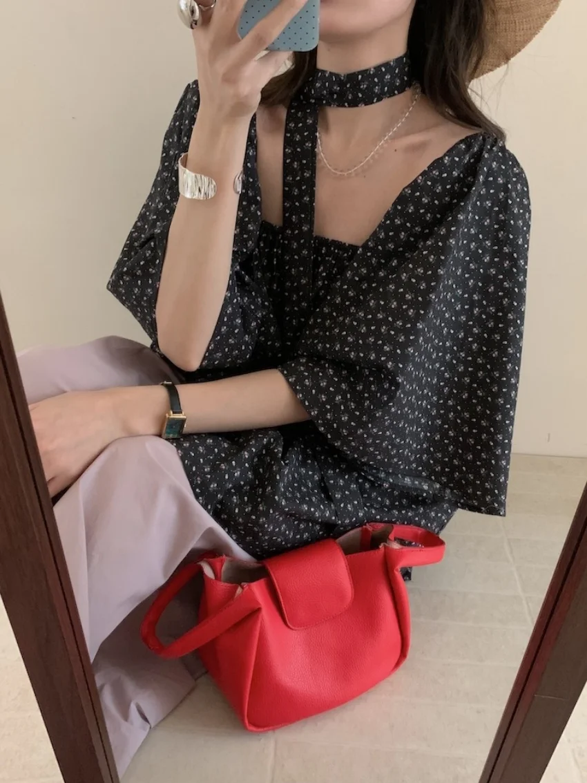 Alien Kitty Retro Florals ผู้หญิงเสื้อ Chic ทุกวันฤดูร้อน 2025 Sweet Slash คอ Flare Sleeve ใหม่สบายๆพิมพ์หลวม Blusas