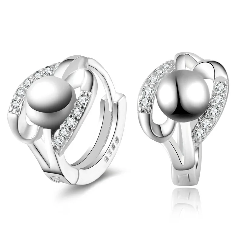 Fashion Women 925 sterling Silver Stud Earrings With Crystal Inlaid Double Ball Ear Buckle Costume Jewelry Brincos Pendientes