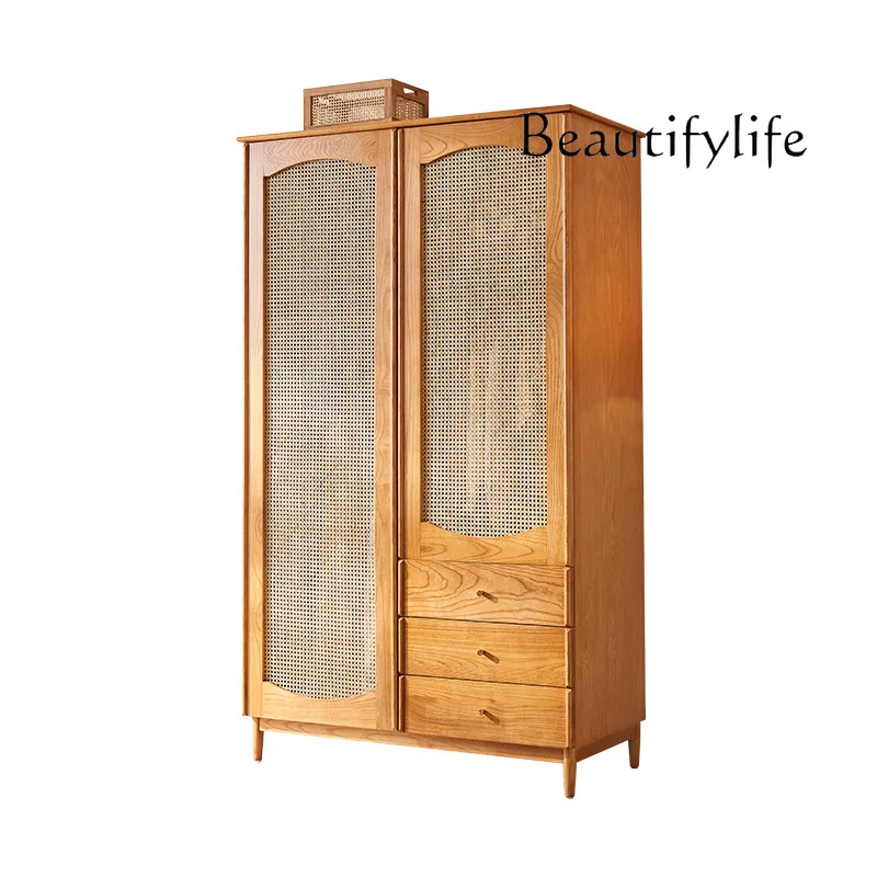 Wabi الرمال خزانة خشبية صلبة غرفة نوم منزلية شقة صغيرة التقسيم خزانة تخزين متعددة الوظائف باب مزدوج الروطان Ca