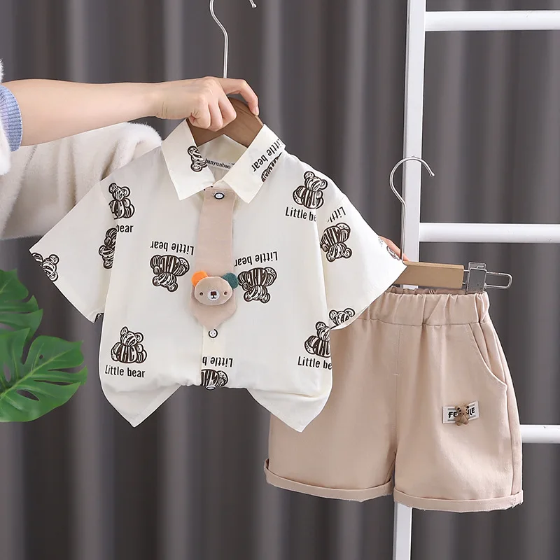 Boys Clothing Sets 2024 Summer Children Cotton Tie Shirts Shorts 2pcs Party Suit For Baby Tracksuits Kids Jogging Outfits 3 4 5Y