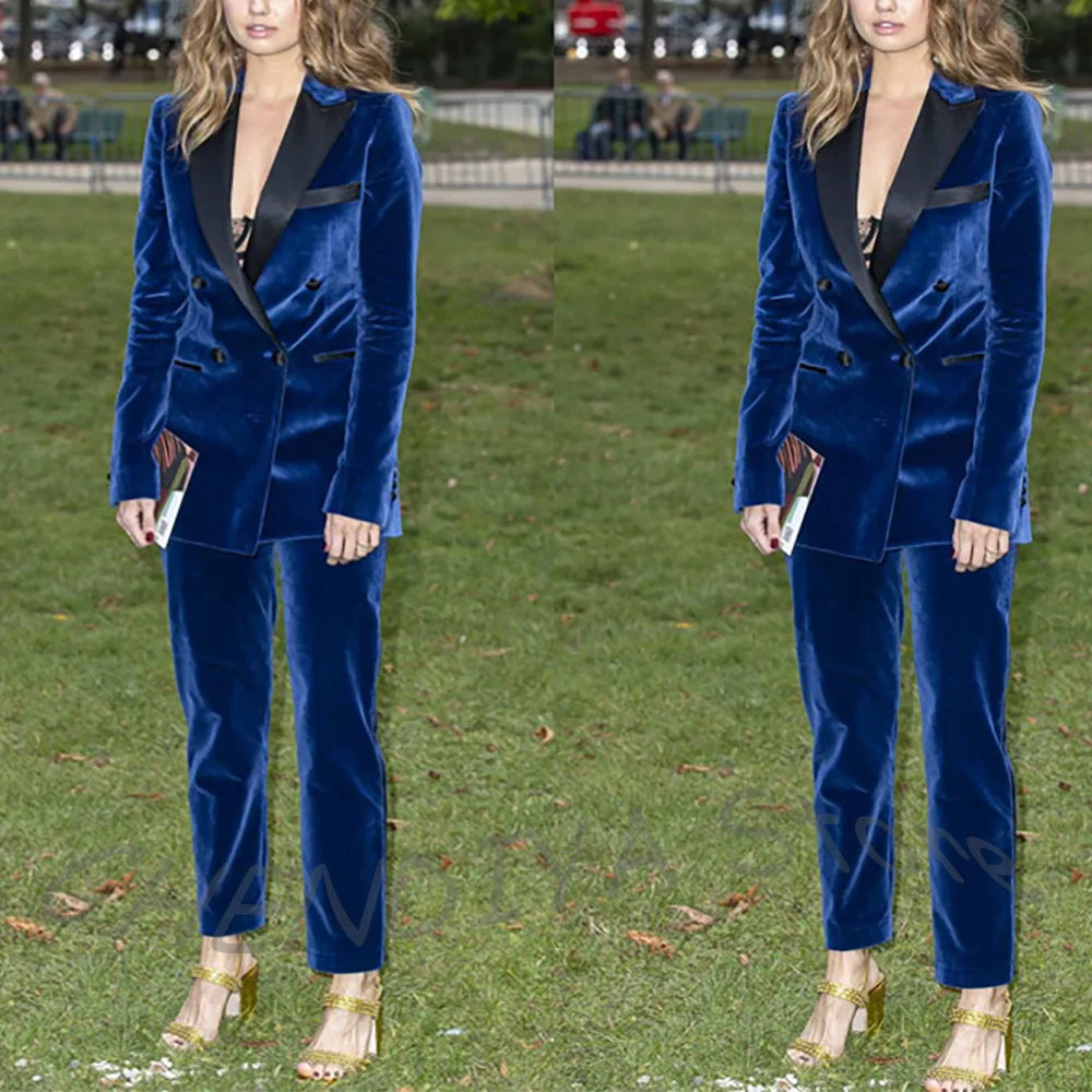 

Blue Velvet Elegant Women's Suit Peaked Lapel Work Suit Double Breasted Formal Business Office Chic Female Outfit(Jacket+Pants)