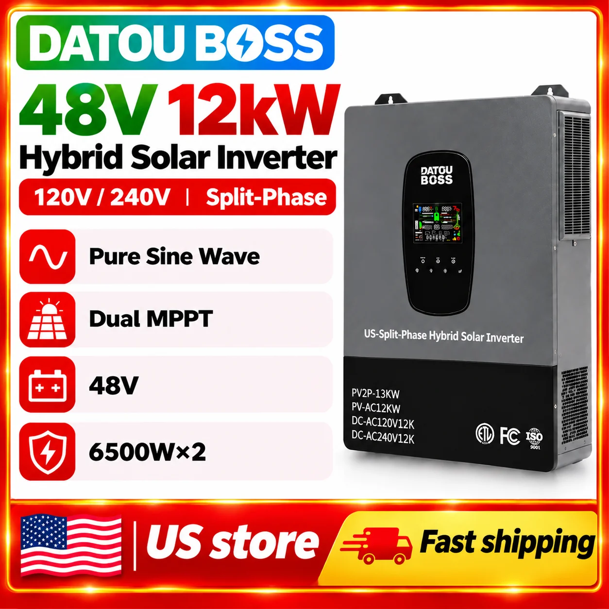 DATOUBOSS 48V12000W Solar Hybrid Inverter DC48V to AC120V/240V Maximum Charging Current 220A Pure Sine Wave MPPT Dustproof Grade IP20 Suitable for Home Energy System US Store 3-7 Days Delivery