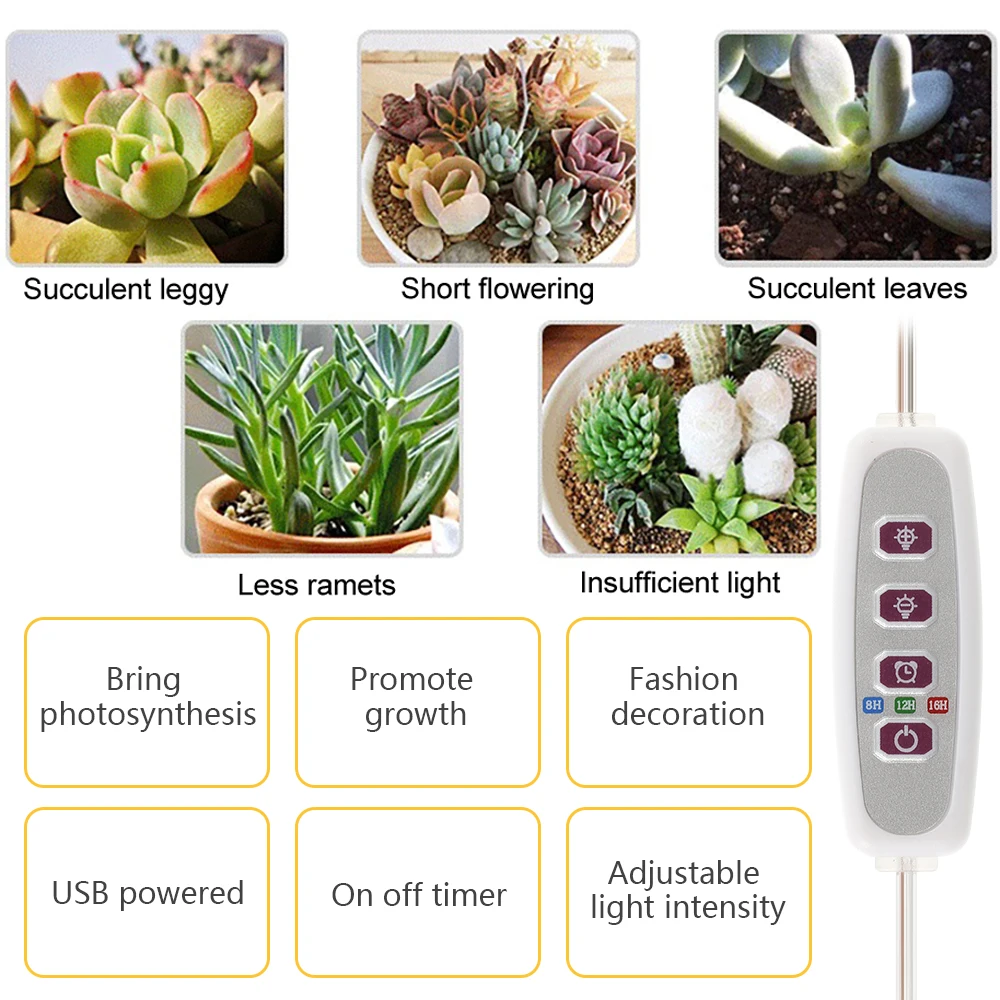 20LEDs Ring Grow Lights Indoor Plants Full Spectrum Height Adjustable Plant Light for Indoor Plants 5V USB Growing Lamp