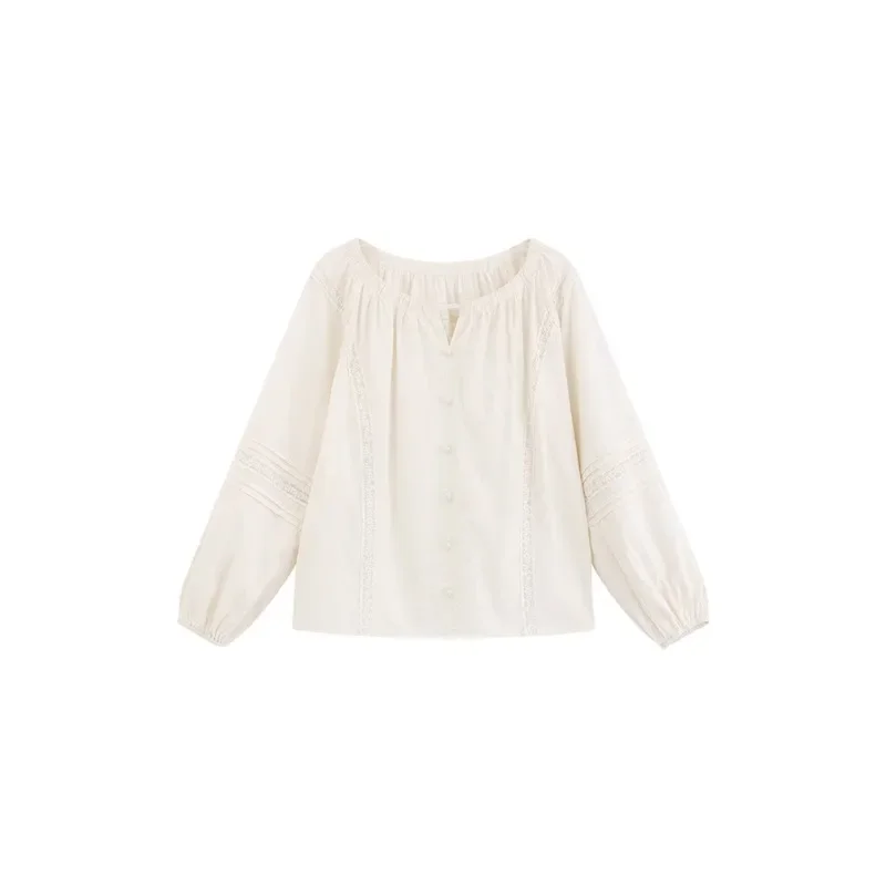 Women Spring V-Neck Hollow Out Blouse Lantern Sleeve Loose Fit Lace Patchwork Top Sweet Casual Slimming Shirt for Daily Wear