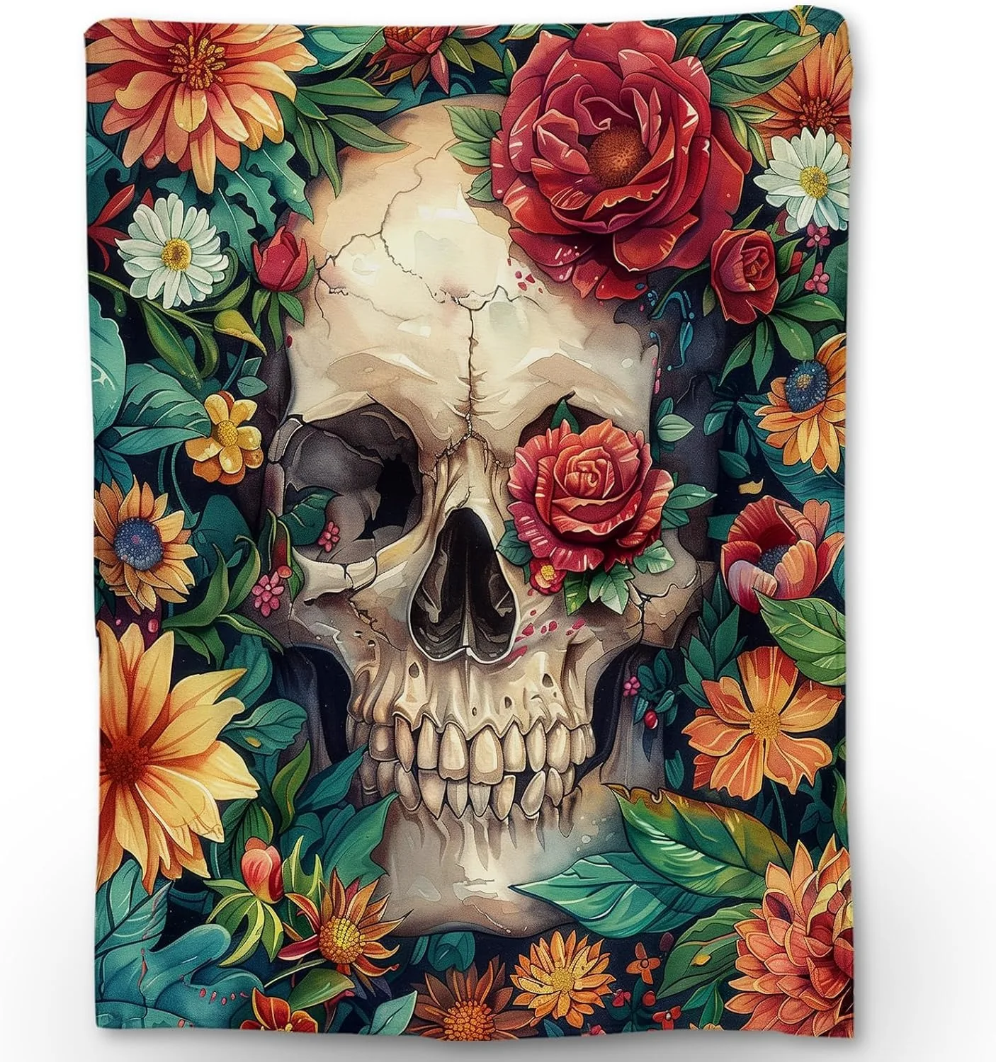 1 STÜCK Halloween-Thema-Überwurfdecke, Skelett-Schädel, Blumen, Kunst, dünne Decke, Geschenke für Couch, Bett, Auto, Zuhause, Camping, alle Jahreszeiten
