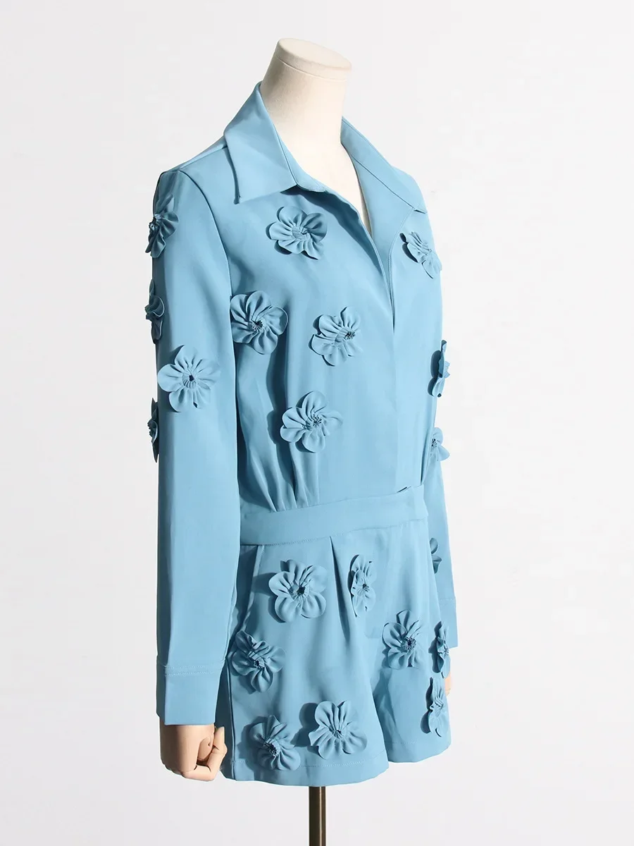 Macacão feminino azul céu formal, jaqueta blazer, flor 3D, senhora do escritório, roupa de negócios, casaco, roupa de outono, calças curtas, ternos femininos, 1 peça