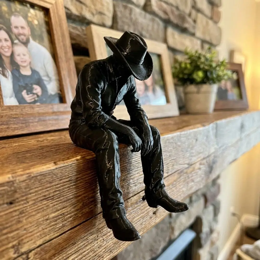 Western Style Sad Sitting Cowboy Sculpture Pensive Vintage Hanging Head Cowboy Statue 3D Printed Lonely Cowboy Tabletop Decor