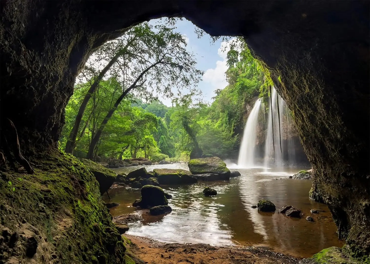 BELECO 2,1x1,5 m Tessuto Foresta tropicale Cascata Sfondo Montagna Grotta Cascate Alberi verdi Lago Natura Sfondo Carta da parati