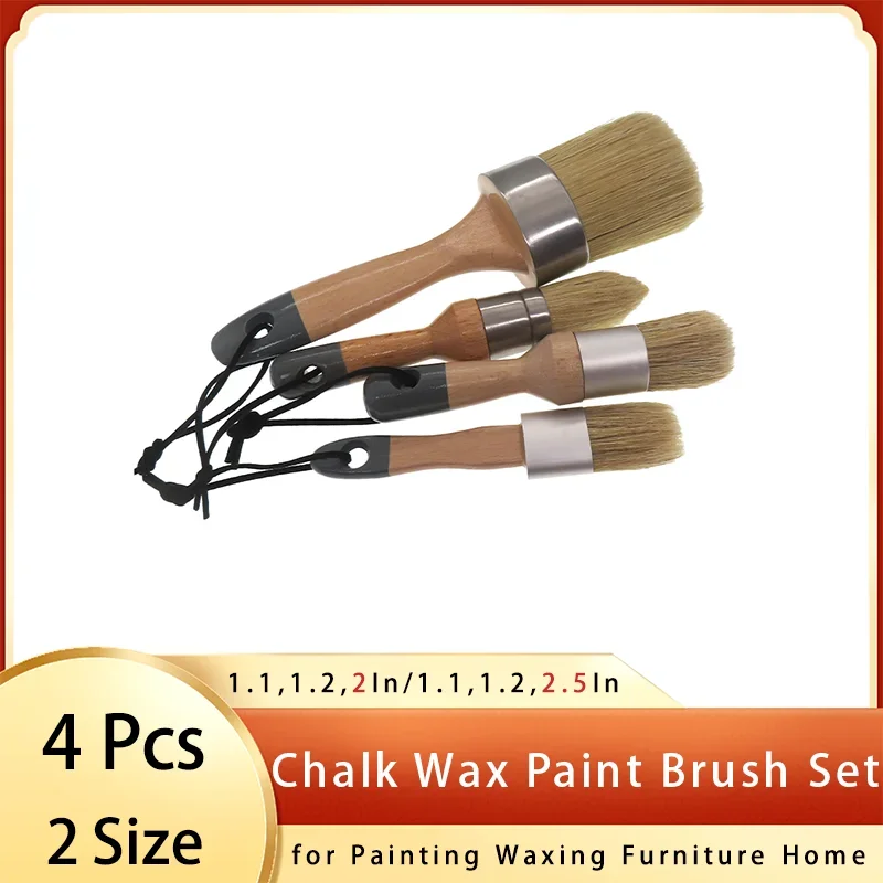 Chalk and Wax Paint Brush Set 4Pcs Natural Bristle Paint Brushes with Wooden Handle for Painting Waxing Furniture Home Decor DIY