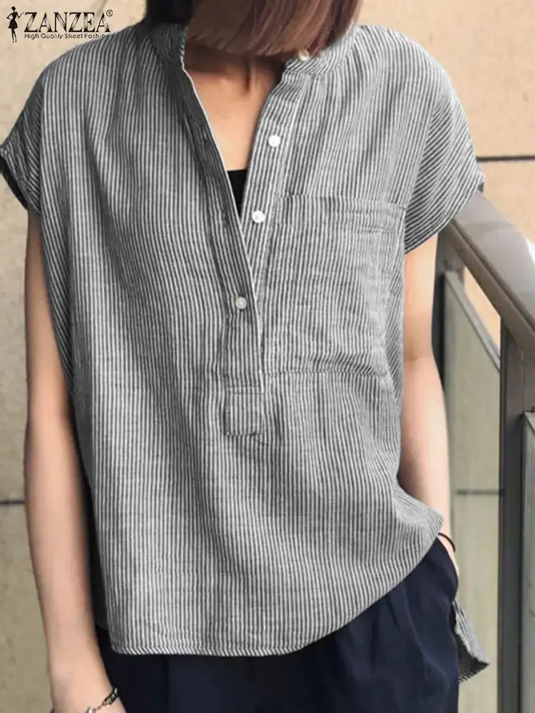 ZANZEA Summer Fashion O Neck Short Sleeve Tops Vintage Casual Shirt Female Party Blusas Chemise Oversize Women Striped Blouse