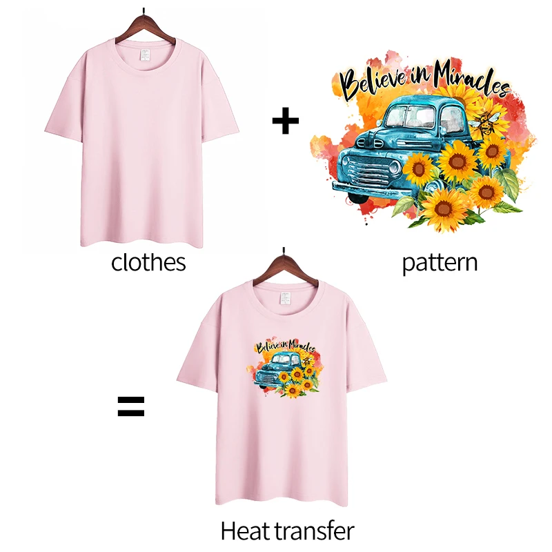 Cute Bee Stickers Transfers Fashion Sunflower Bus Washable Diy Heat Transfer T-Shirt Jeans Decor Iron On Patches Appliques