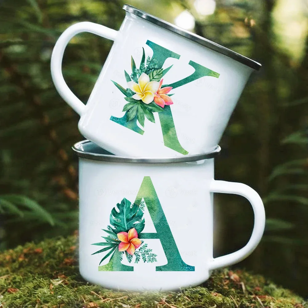 

Initial Plant Printed Camper Mugs Camping Enamel Mug Summer Adventure Party Beer Juice Cup Mountain Handle Cups Gifts for Camper