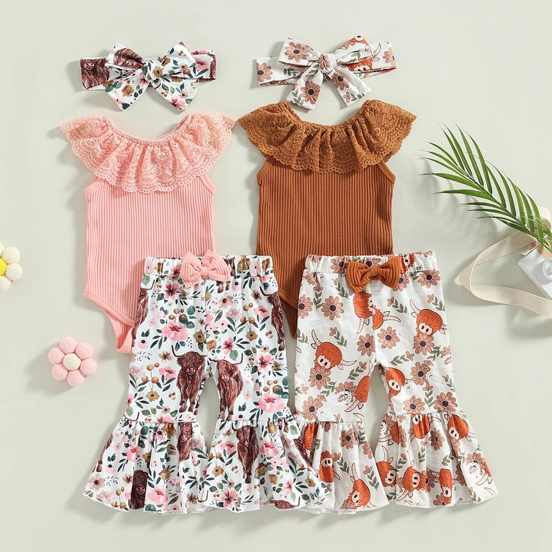 

2023-02-03 Lioraitiin 0-24M Baby Girls 3Pcs Summer Pants Set Sleeveless Lace Patchwork Romper with Cow Flower Pants Headband