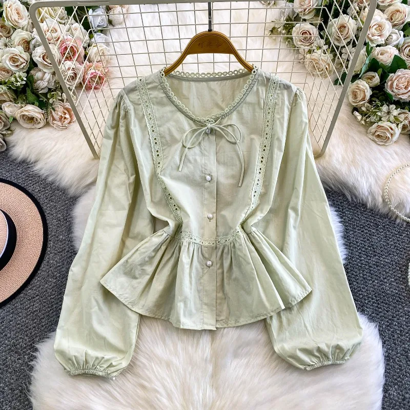 بلوزات حلوة تفريغ الدانتيل الصلبة ربيع الخريف امرأة قمصان الكورية موضة أنيقة شيك الكشكشة Blusas Mujer