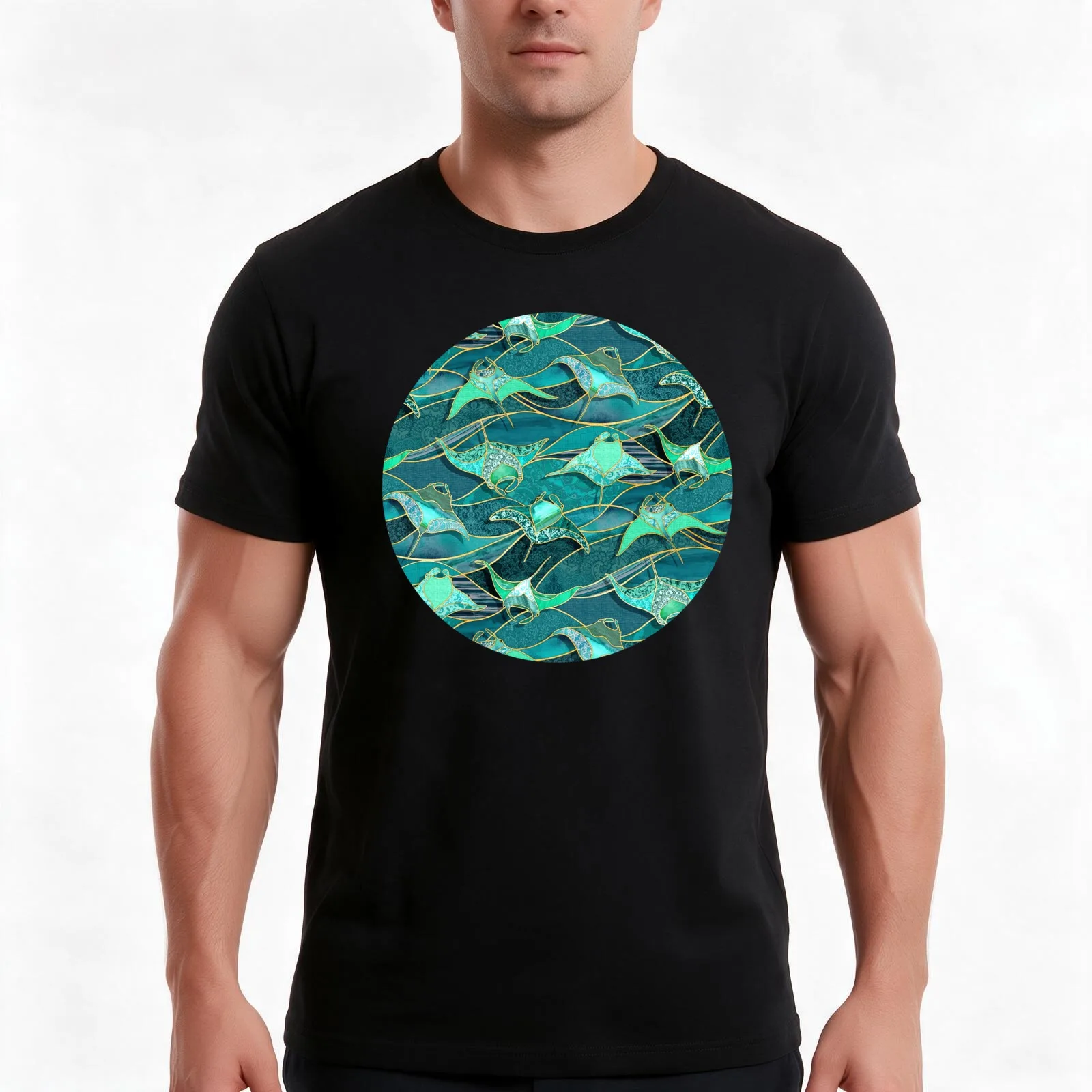 Patchwork Manta Rays in Jade and Emerald Green T-Shirt, Summer Casual Cotton Tee, Oversized Streetwear Tops, Unisex Men Women