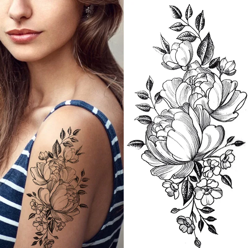 Impermeável Tatuagem Temporária Adesivos para Mulheres, Preto, Sexy, Rosa, Borboleta, Flores, Arte Corporal, Braço, Pernas, Manga, Tatuagens Falsas