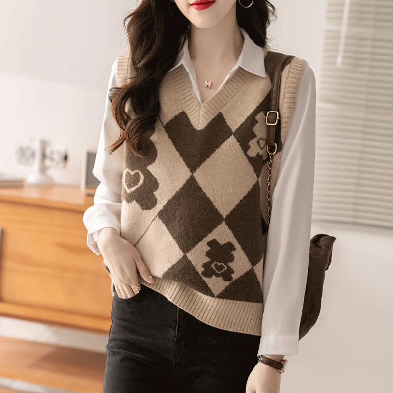 Women Vintage Argyle Simple V Neck Sleeveless Outewear Knitted Sweater Vest Autumn Winter Female Casual Loose Pullover Waistcoat