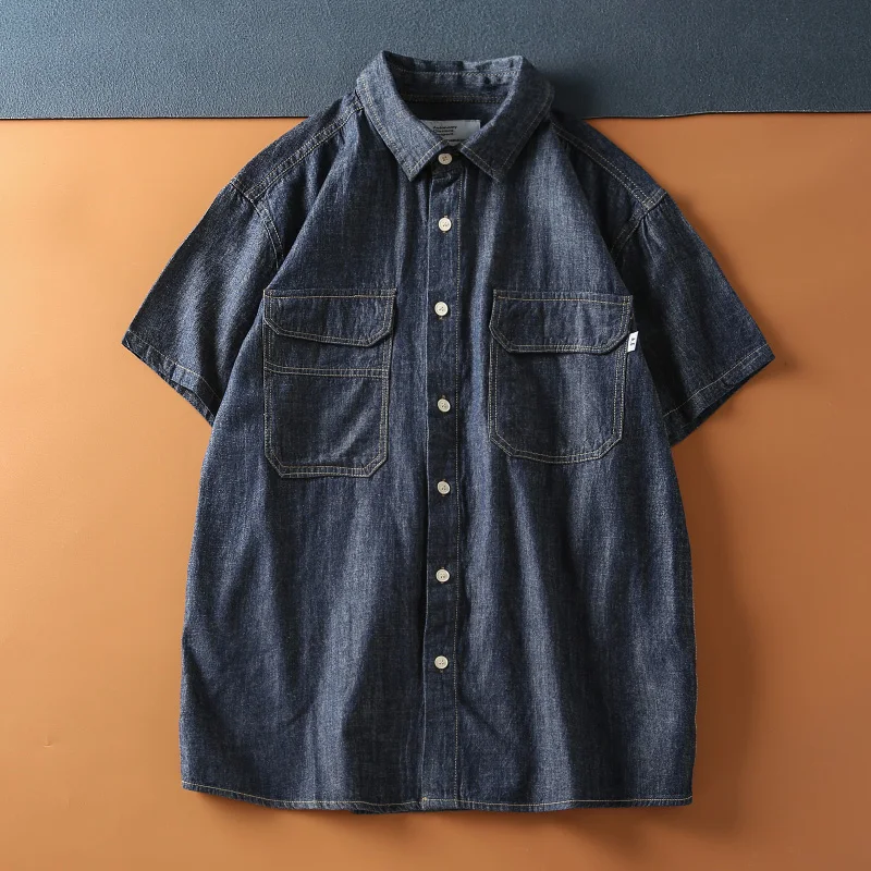 

Summer Waed Japanese Retro Loose Fit Cotton Workwear Denim ort Sve irt for Men Youth ular Pure Color Point Collar