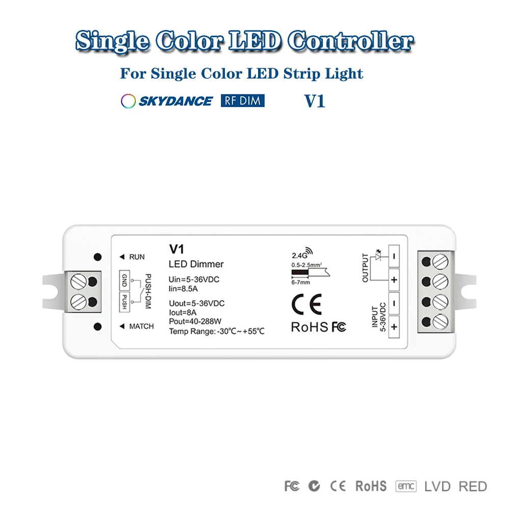 

Skydance V1 DC5-36V RF 2.4GHz + Push Dim 0-100% Constant voltage Dimming Controller For Single Color LED Strip Light