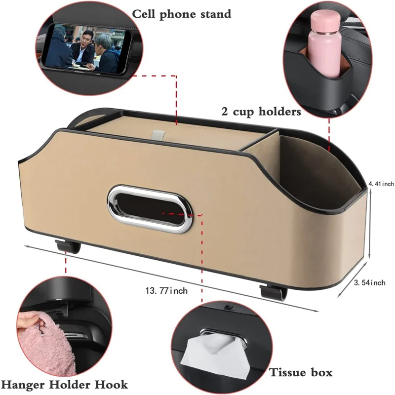 X59A_Car Organizador do banco traseiro do encosto de cabeça com 2 porta-copos, suportes para celular, ganchos e acessórios para caixa de tecido - bege