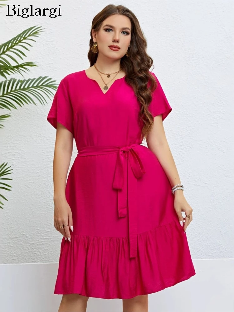 Plus Size Summer V-Neck Dress Women Ruffle Fashion Casual Loose Pleated Ladies Midi Dresses Short Sleeve Woman Dress