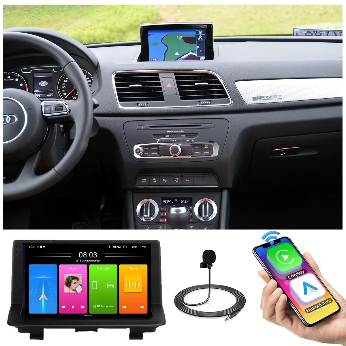 Android 9”car radio Bluetooth Carpaly GPS Navigation+AHD rearview camera for Audi Q3 8u 8UB 8UG MMI  Quattro S Line Sport