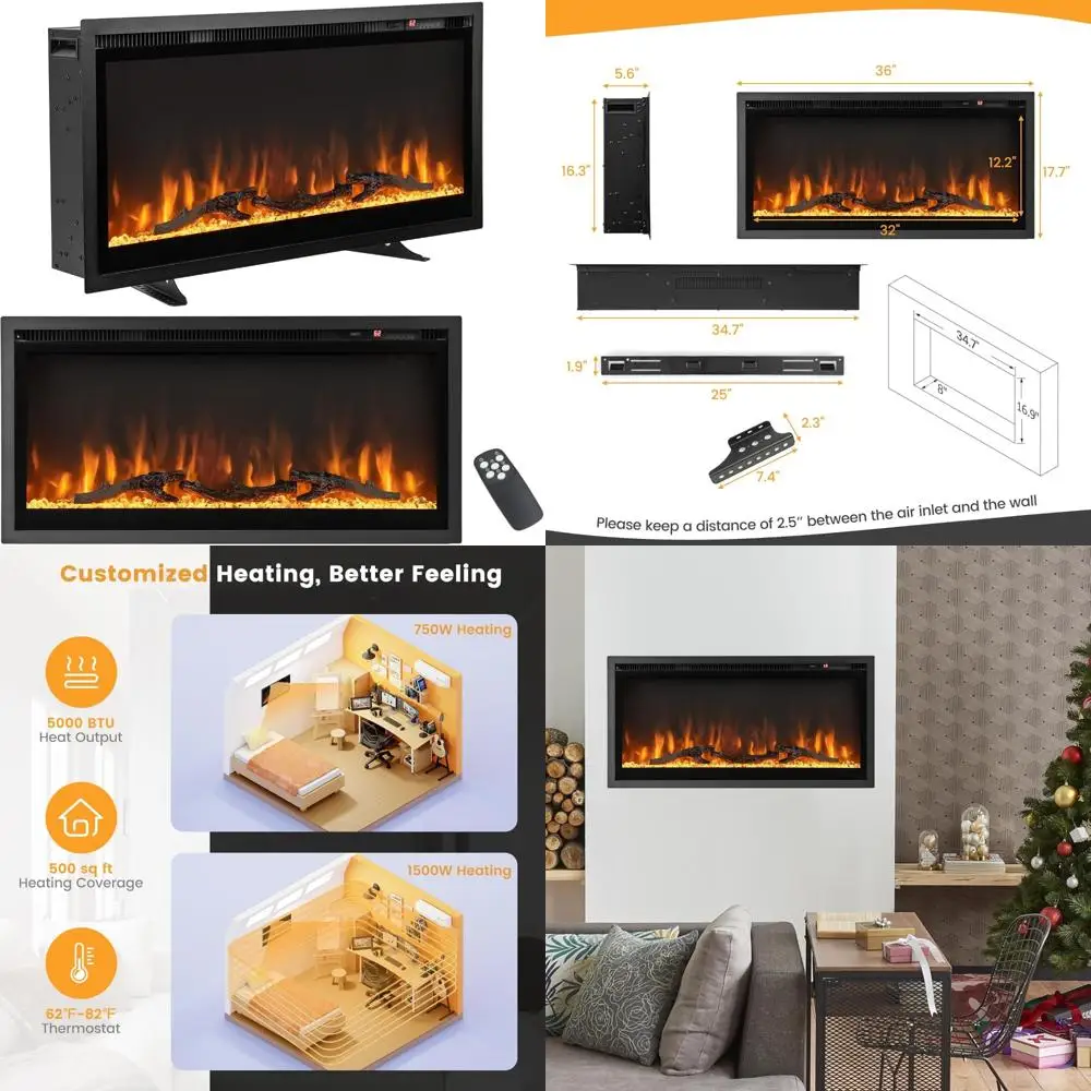 Aquecedor de lareira elétrico linear embutido na parede de 36 polegadas, montado na parede e independente, 750W/1500W, com controle remoto, Moder