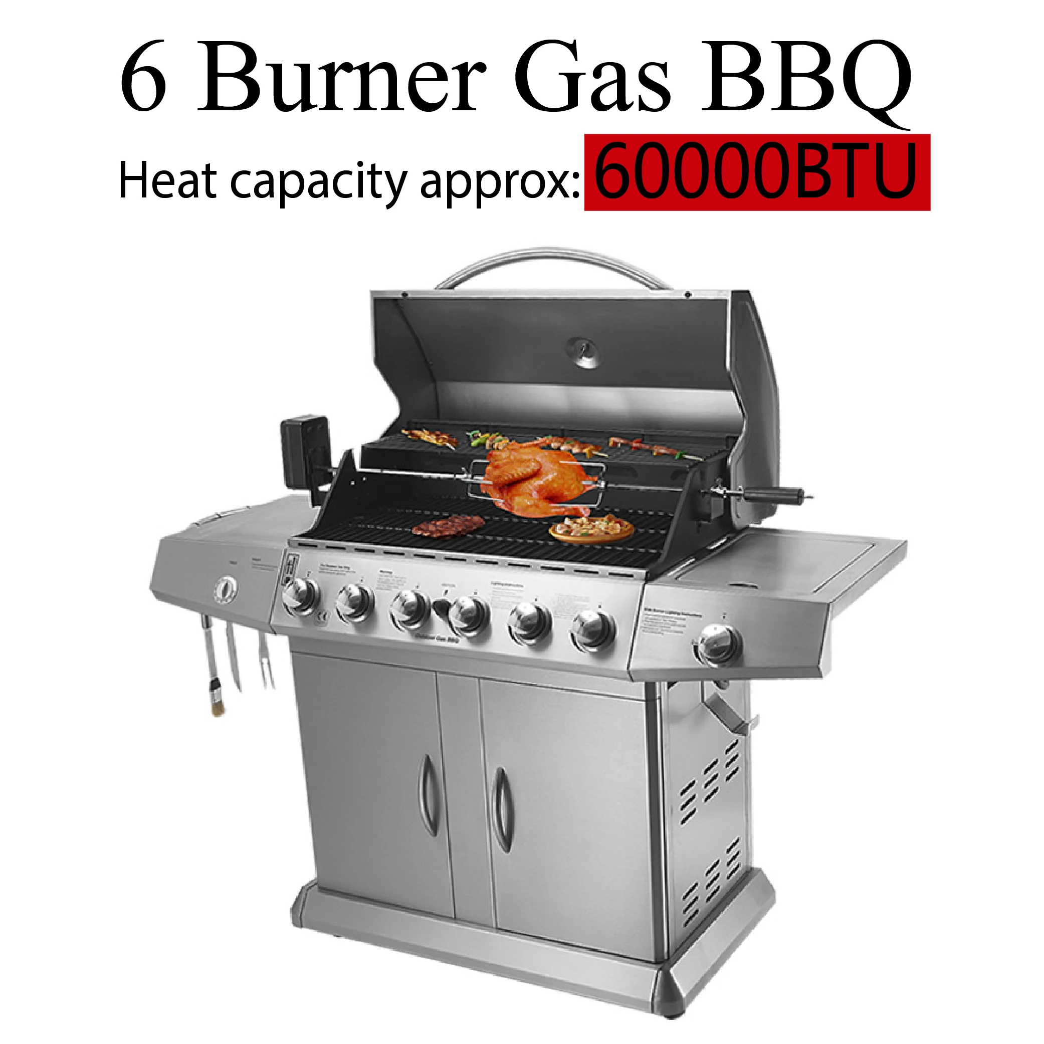 Stainless Steel 6 Burner  BBQ Grill Big Cooking Area Hotplate Modern Premium Design Adjustable Trolley Foldable Outdoor Use