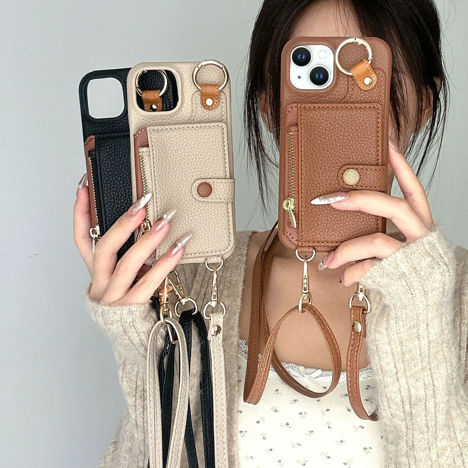 Crossbody Lanyard Zipper Cards Solt Wallet Leather Case For iPhone 16E 16 Pro Max 15 Plus 14 13 12 11 Ring Holder Mirror Cover