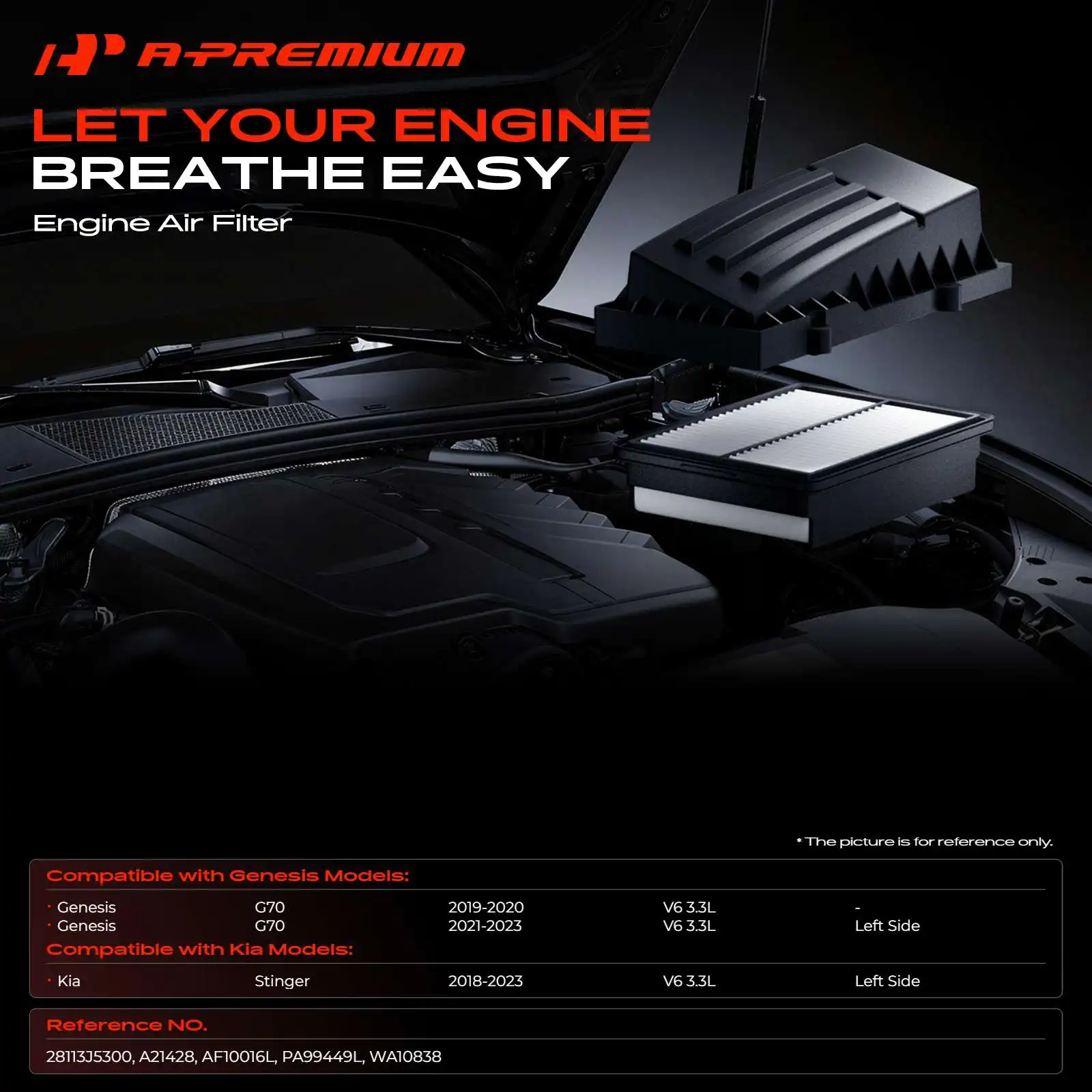 A-Premium Driver Side Engine Air Filter for Kia Stinger 2018-2023 Genesis G70 2019-2023