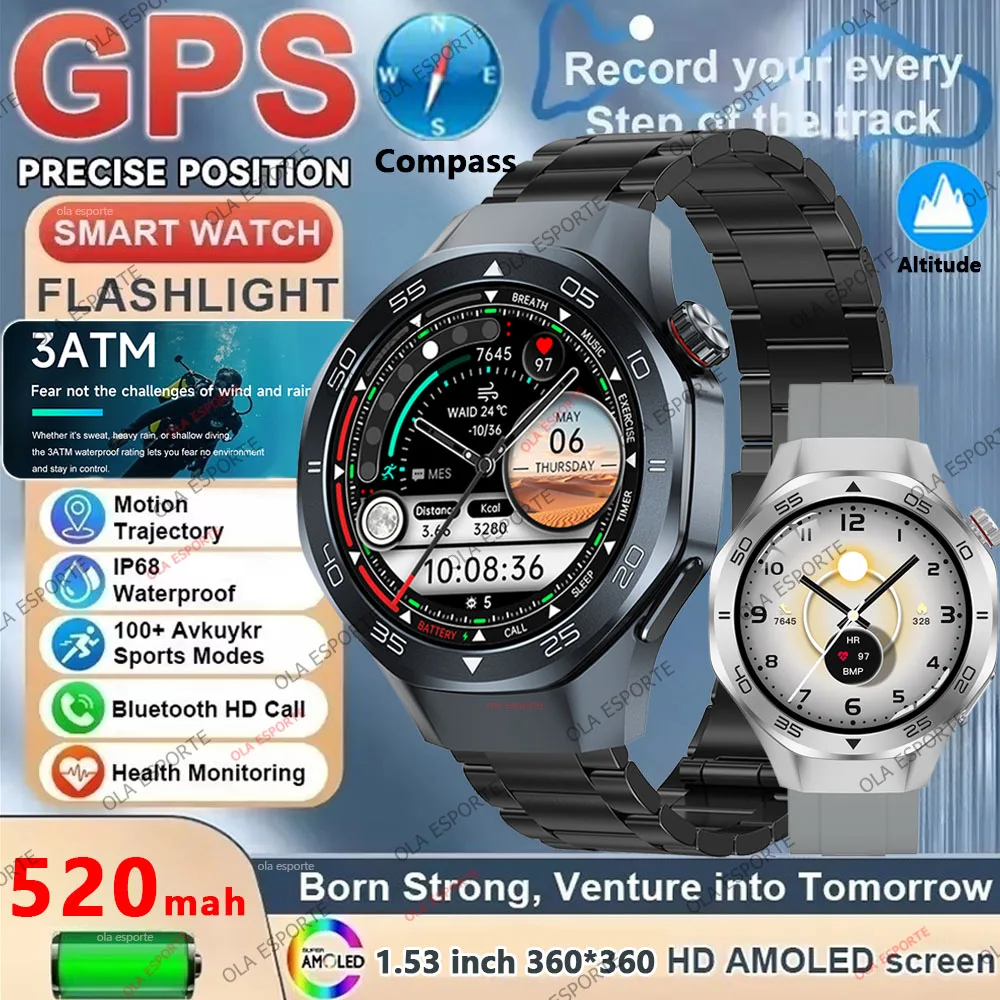 

GPS Компас Открытый Смарт-часы 520 мАч Батарея BT Вызовы 1,53 AMOLED Экран GPS Смарт-часы 3ATM Водонепроницаемые Смарт-часы 2025 Новинка