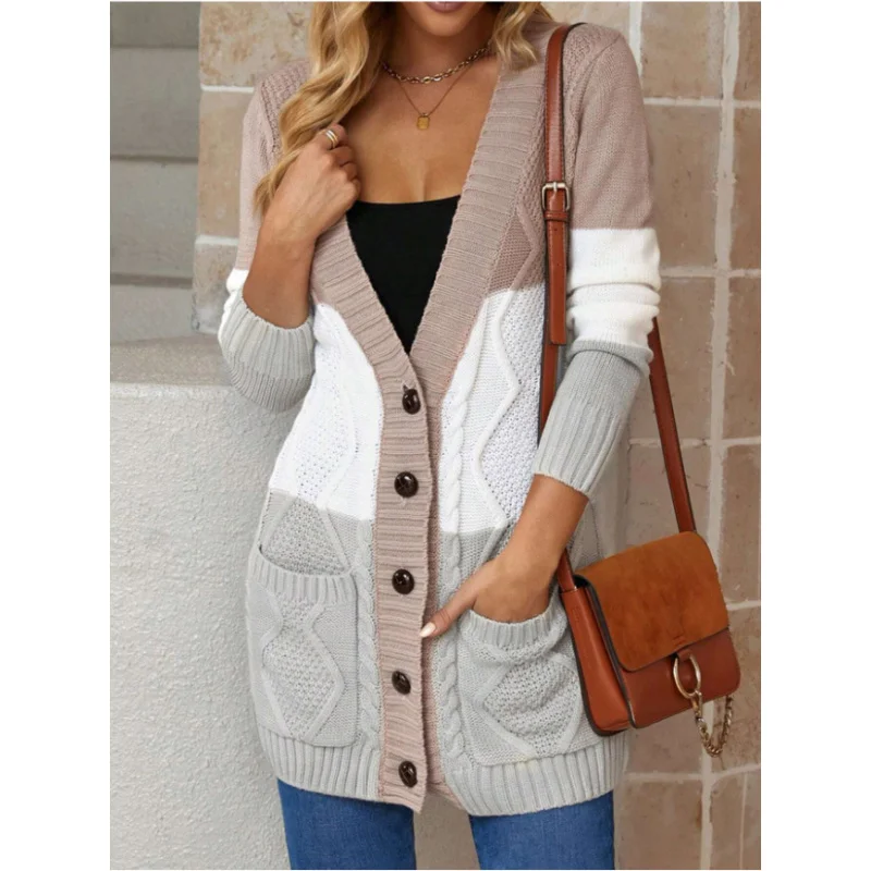 Amazon Cross-BordervCollar Women's Sweater Autumn and Winter Contrast Color Striped New Loose Knitted Coat Casual Cardigan