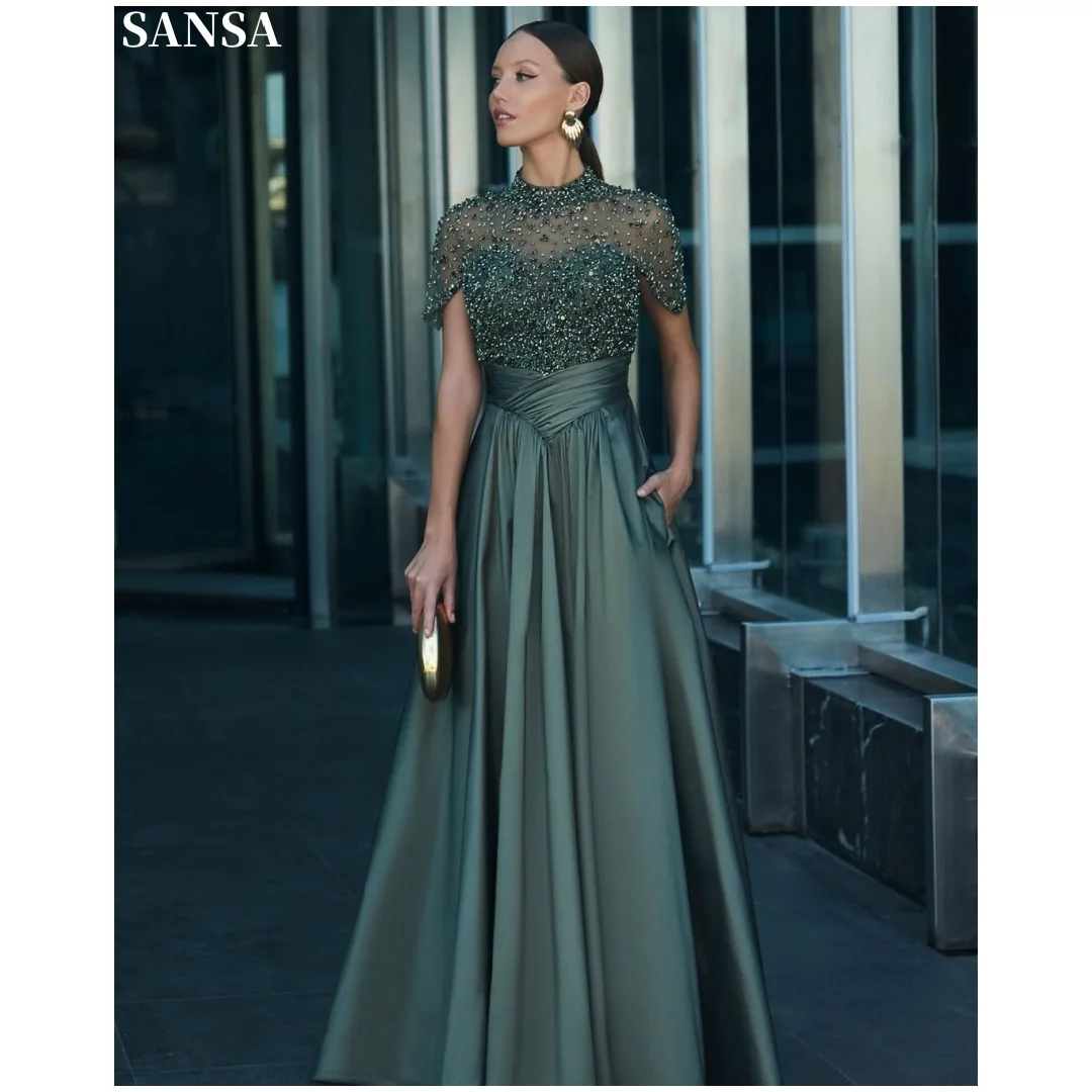 Sansa Customized Moss Green High Collar Short Cape Sleeve Evening Dress Full Rhinestone Mesh Top Pleated Floor Length Prom Gown