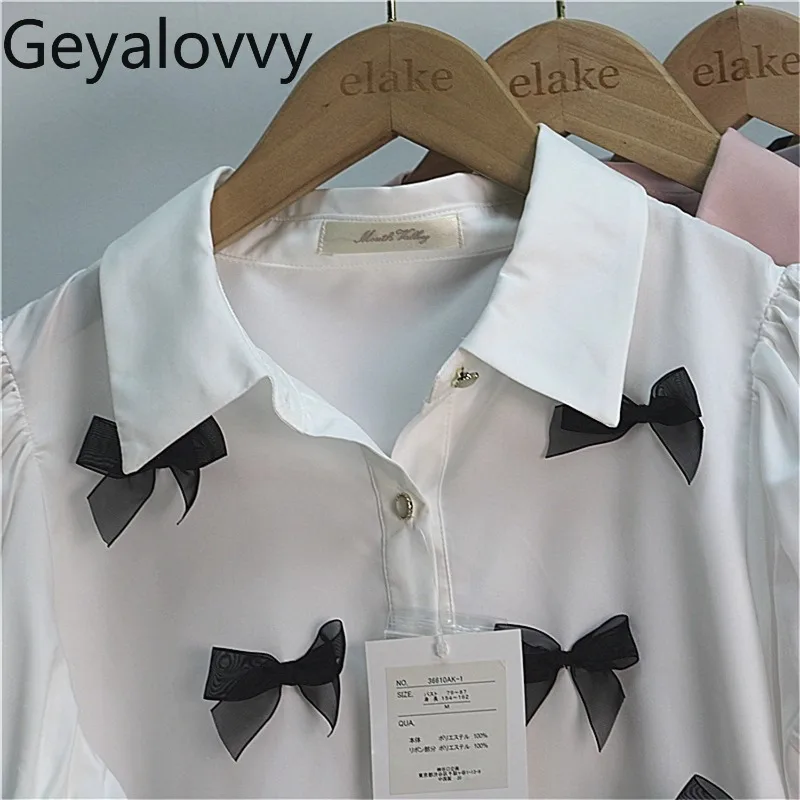 

Japanese Style New Bow Short Sleeve Solid Color Shirt Mass-Produced Sweet Girls Versatile Turn-Down Collar Single-Breasted Top