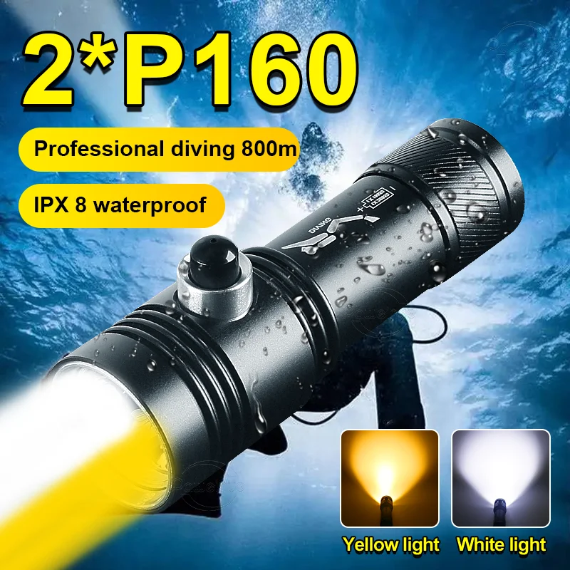 Lampe de poche LED de plongée professionnelle Super lumineuse, double lumière, torche de plongée Rechargeable, lampe de plongée sous-marine Portable 26650