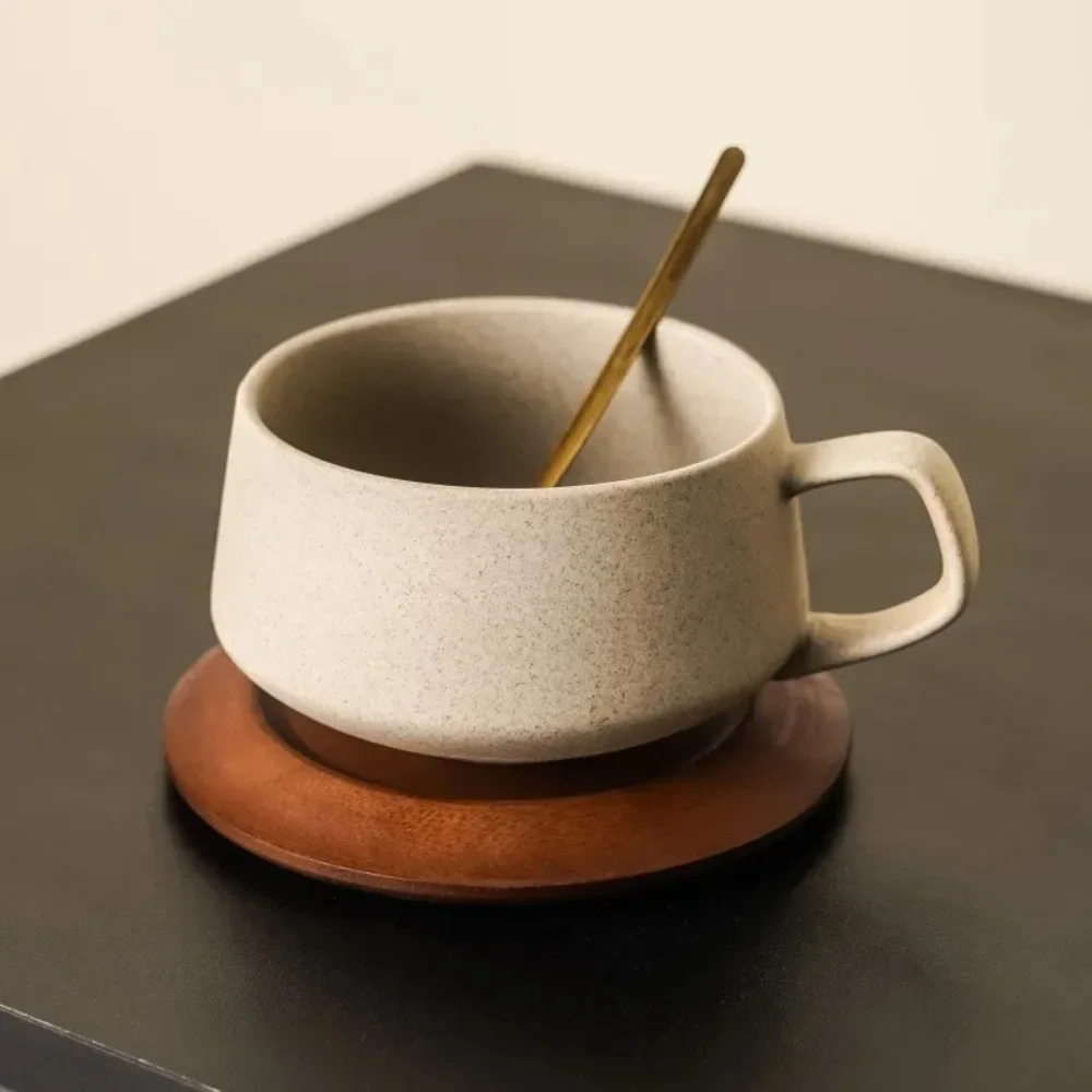 Coarse Pottery Ceramic Coffee Cup with Wooden Saucer 240ml Afternoon Tea Dessert Cup Art Breakfast Dessert Milk Cup Couple's Mug