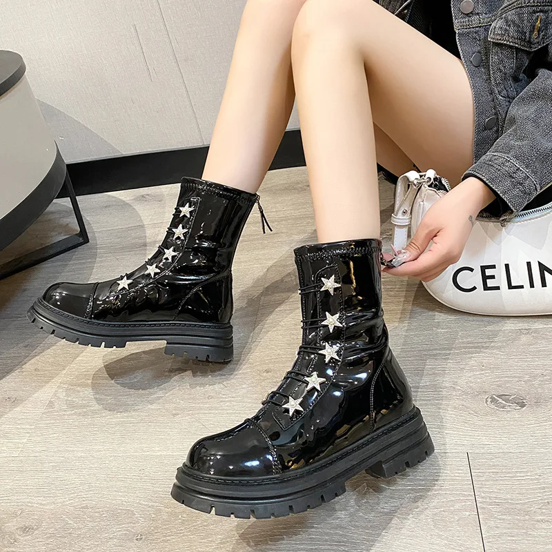 Ankle Boots Women Patent Leather Velvet Inside Star Rhinestone Designer Shoes for Women Zipper Thick Soled Mid-Tube Modern Boots