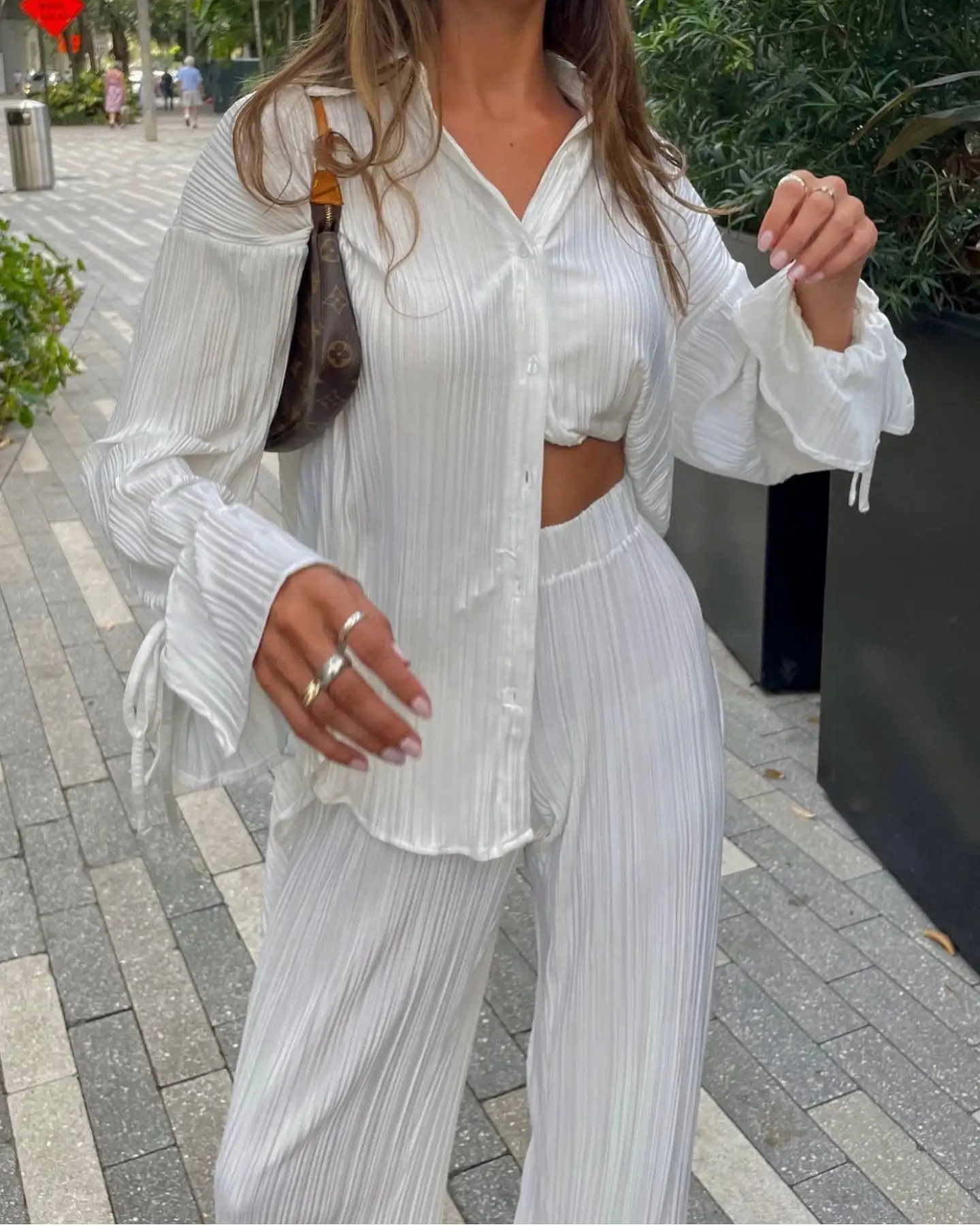 Solid Casual Outfits Sexy V Neck Buttons  Long Sleeve Blouse and Elastic Waist Split Pants Suits 2022  Loose 2 Piece Women Sets