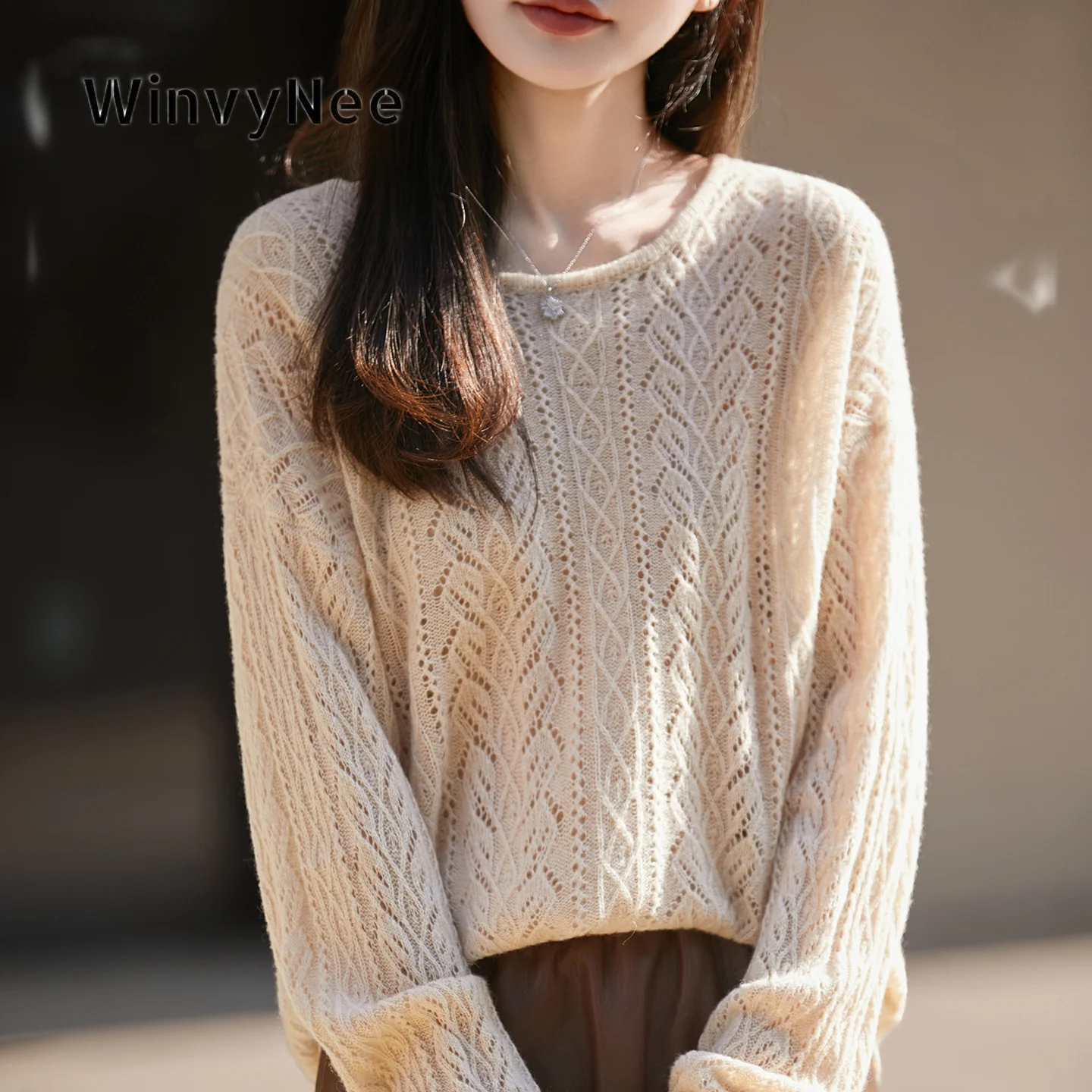 WinvyNee Women Solid Round Neck Hollow Out Knitted Shirt Long Sleeve Pure Wool Light Warm Wear For Fall Winter Seasons ZA1673030