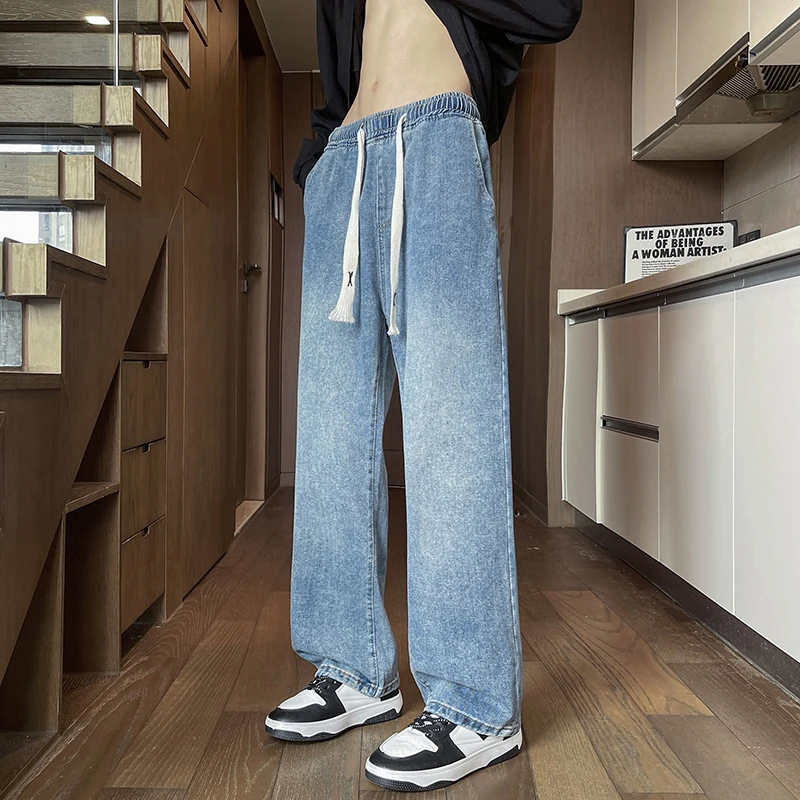 

Autumn Casual Men's Clothing Jeans Elastic Waist Solid Color Straight Drawstring Student Trousers Male Youth Vintage Denim Pants