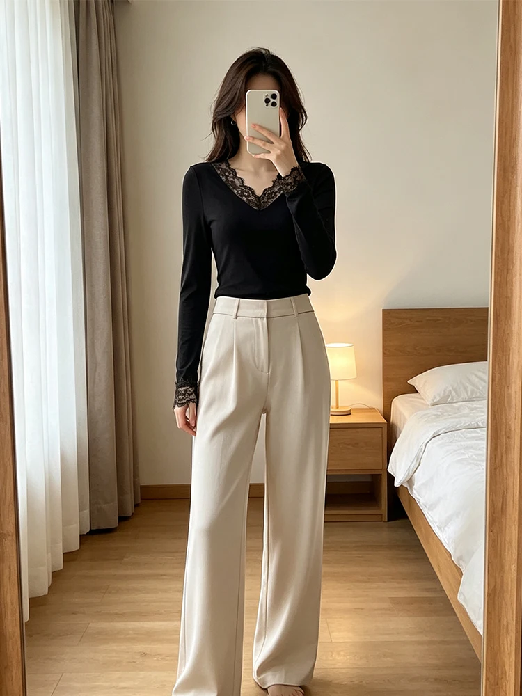 Eyelash Lace V Neck Long Sleeve Shirts Women Soft Stretchy Mesh Slim Base Top Autumn Daily Office Layering Blouse