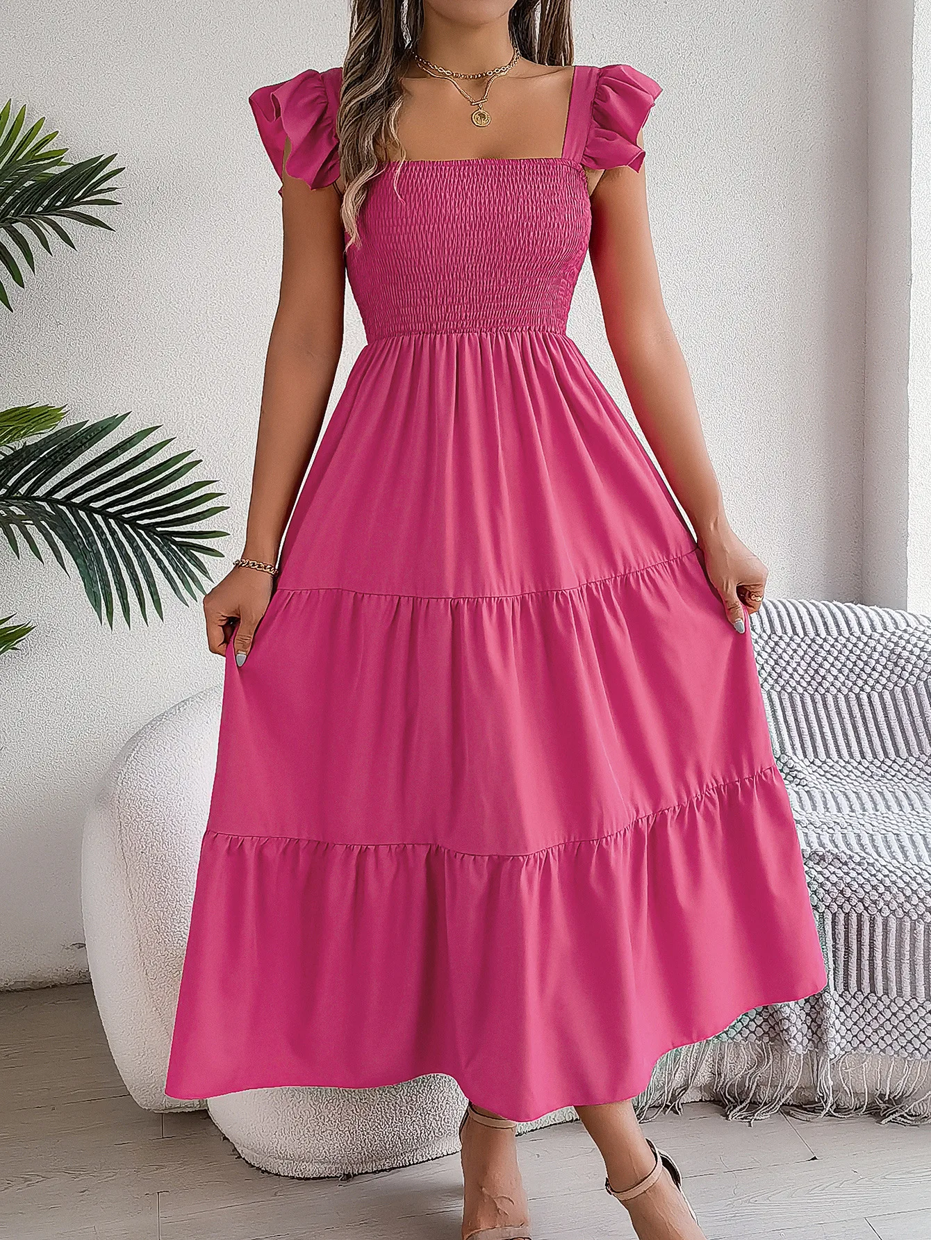 Summer Solid Color Square Neck Waist Collection Long Dress Elegant Women