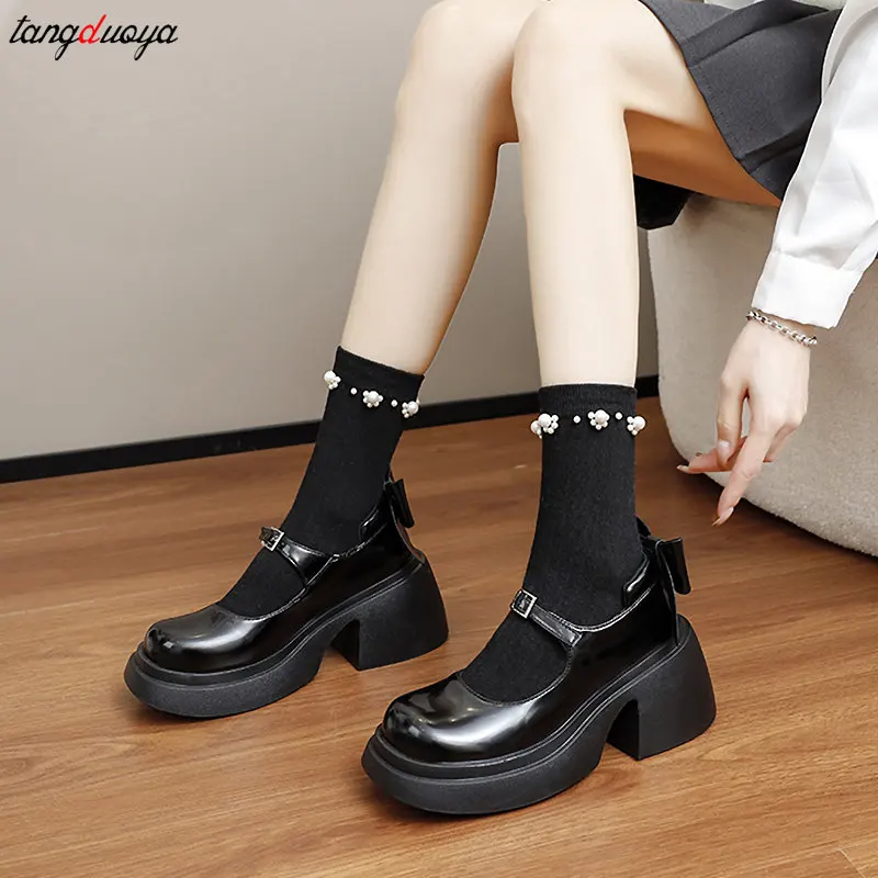 Sweet Bow Platform Lolita Shoes Women white black Med Heels Mary Janes Shoes Woman PU Leather Thick Bottom JK Uniform Shoes