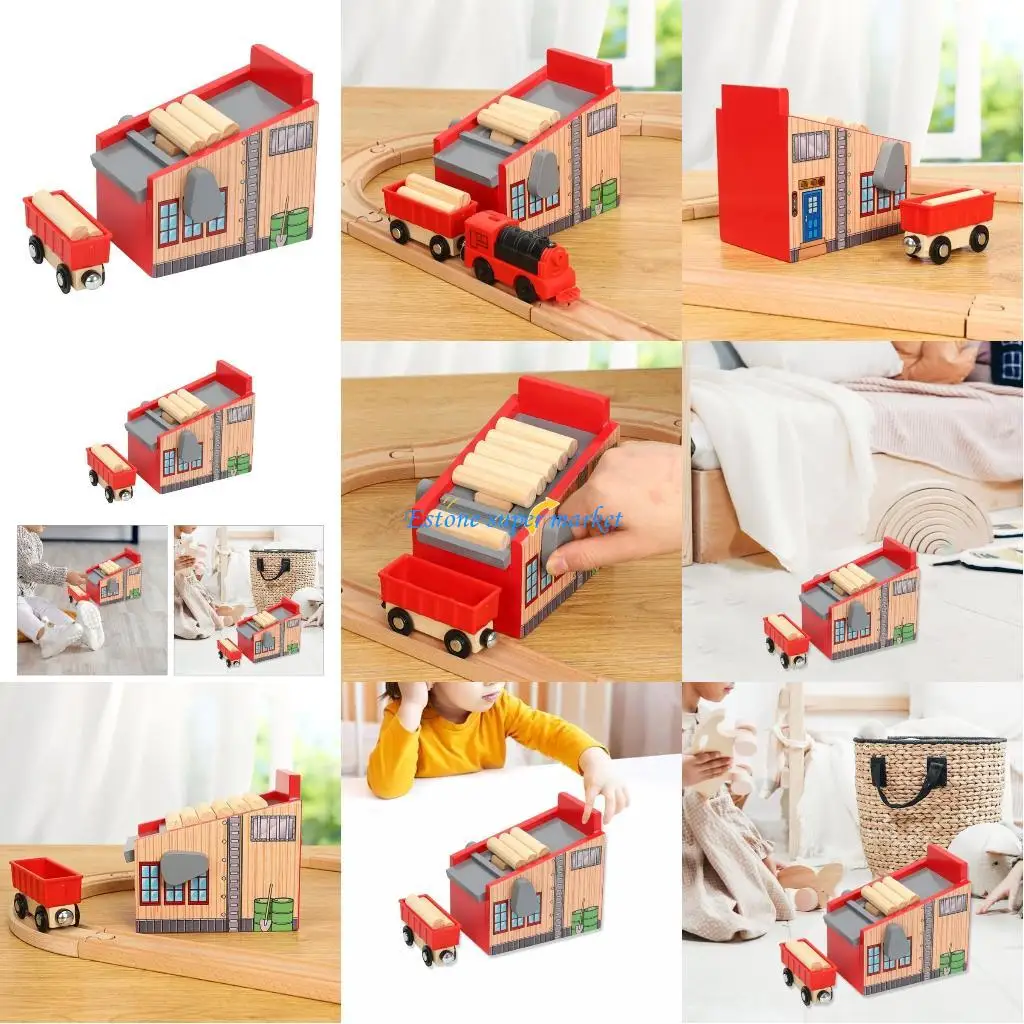 

090B Wooden Logging Red Small Train Model Set Perfect Toy for Kids (3 6 Years Old) Logging Machine with Train and Stump Set