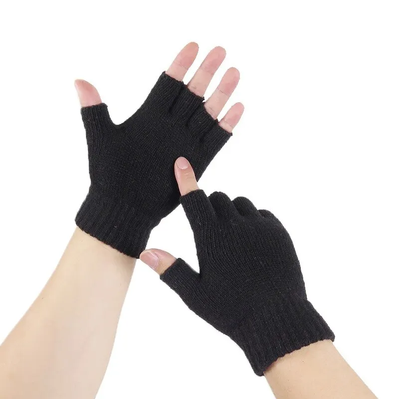 Noir hiver chaud pur noir tricoté laine demi doigt gants chauds