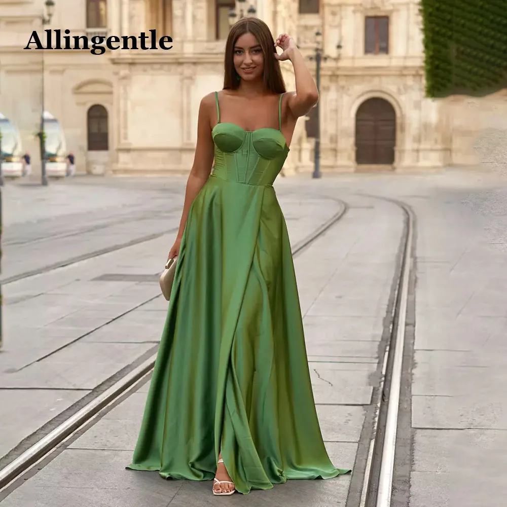 Allingentle Simple A Line Satin Prom Dresses Spaghetti-Strap Party Gowns Floor Length Special occasion Evening Dress Customized