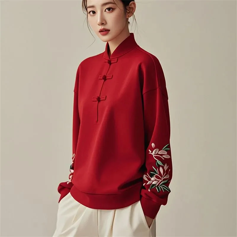 2026 simple vintage literature art tang suit top autumn winter new chinese style warm thicken hoody elegant embroidery women top