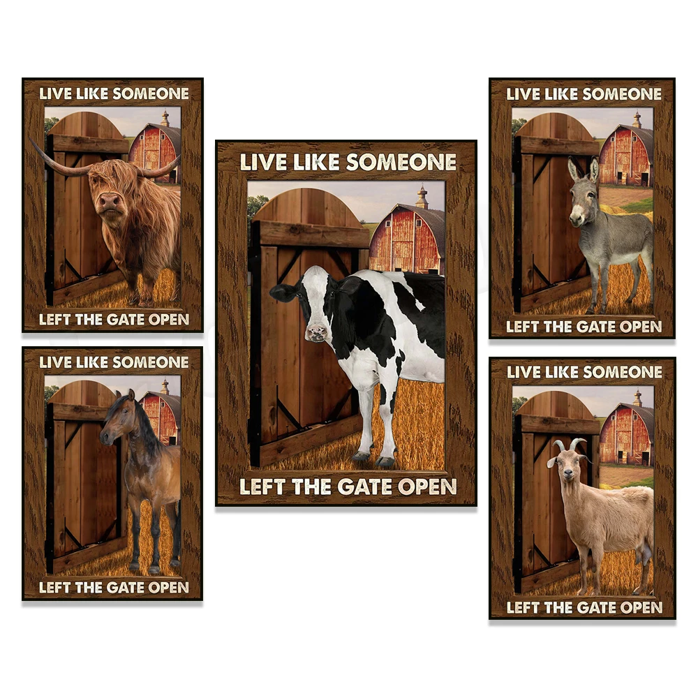 Horse, Donkey, Goat, Highland Cattle, Cow Animal Poster, Motivational Quote, Live Like Someone Opened The Door - Farm Country