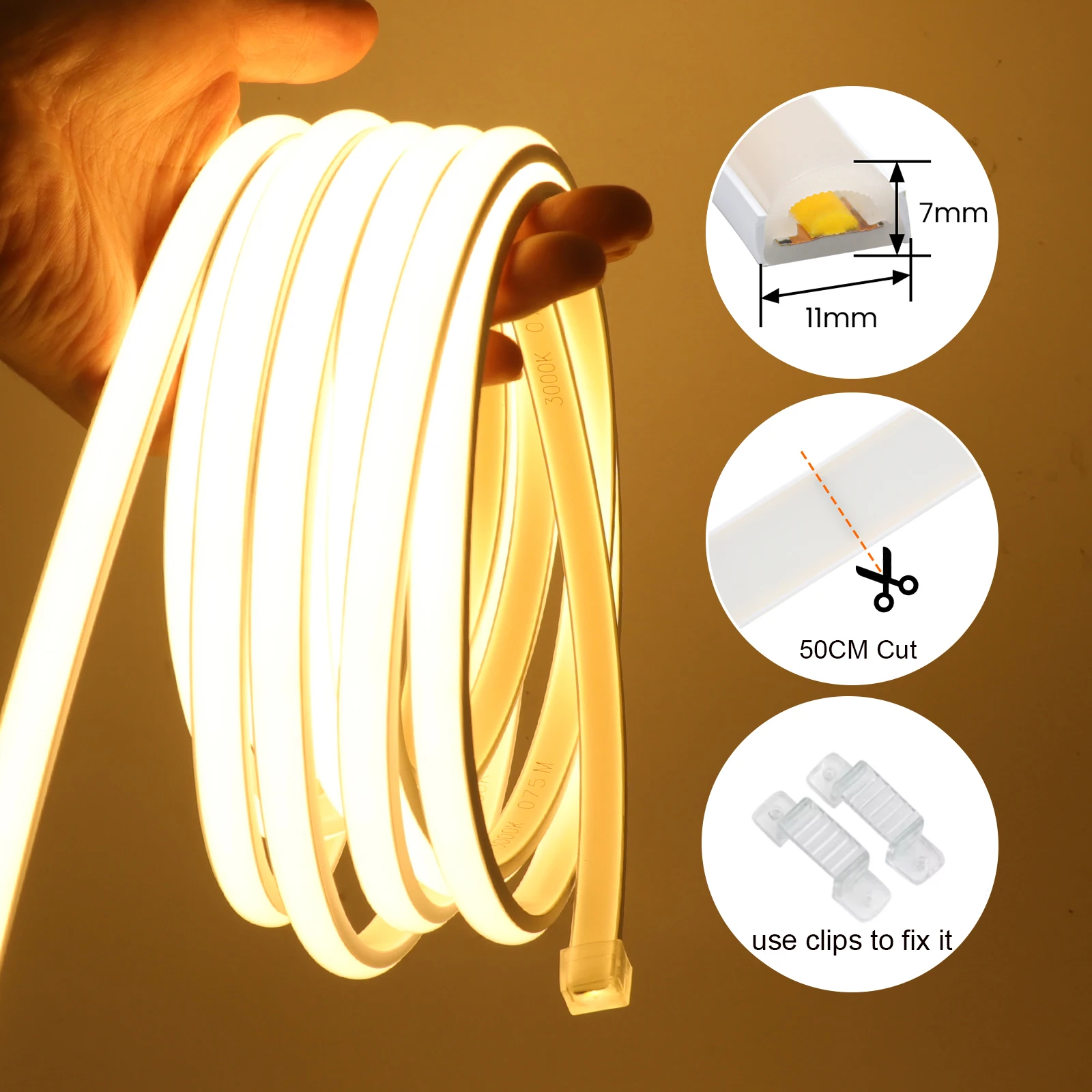 AC 220V COB Neon Strip With EU Plug 3000K 4000K 6000K 288LEDS/M Waterproof Home Decor Flexible Ribbon Chain Light