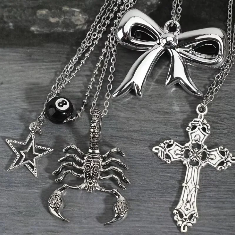 5Pcs Gothic Necklace Set Scorpion Cross Bow Hollow Star 8-Ball Pendant Retro Silver Chain unisex Aesthetic Jewelry